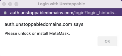 #width=50% Error Message presented to user if MetaMask is not installed